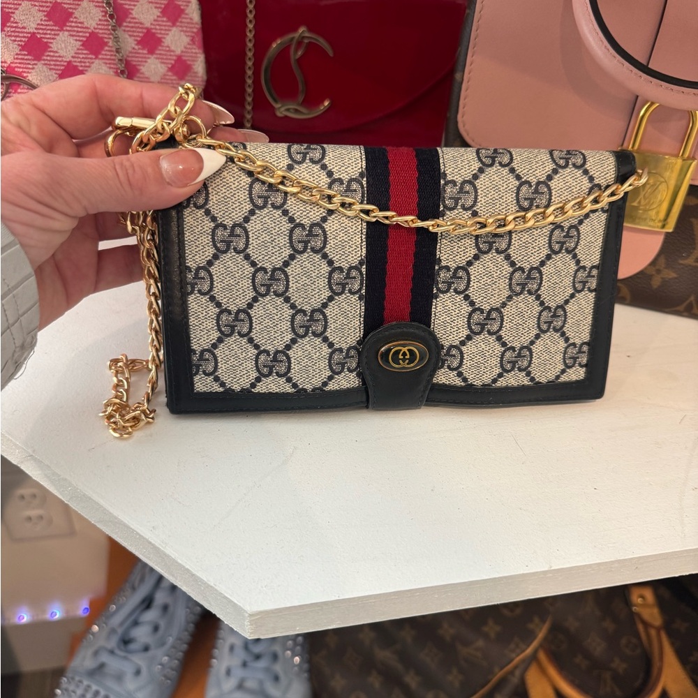 Gucci Beige and Black Clutch with Gold Chain